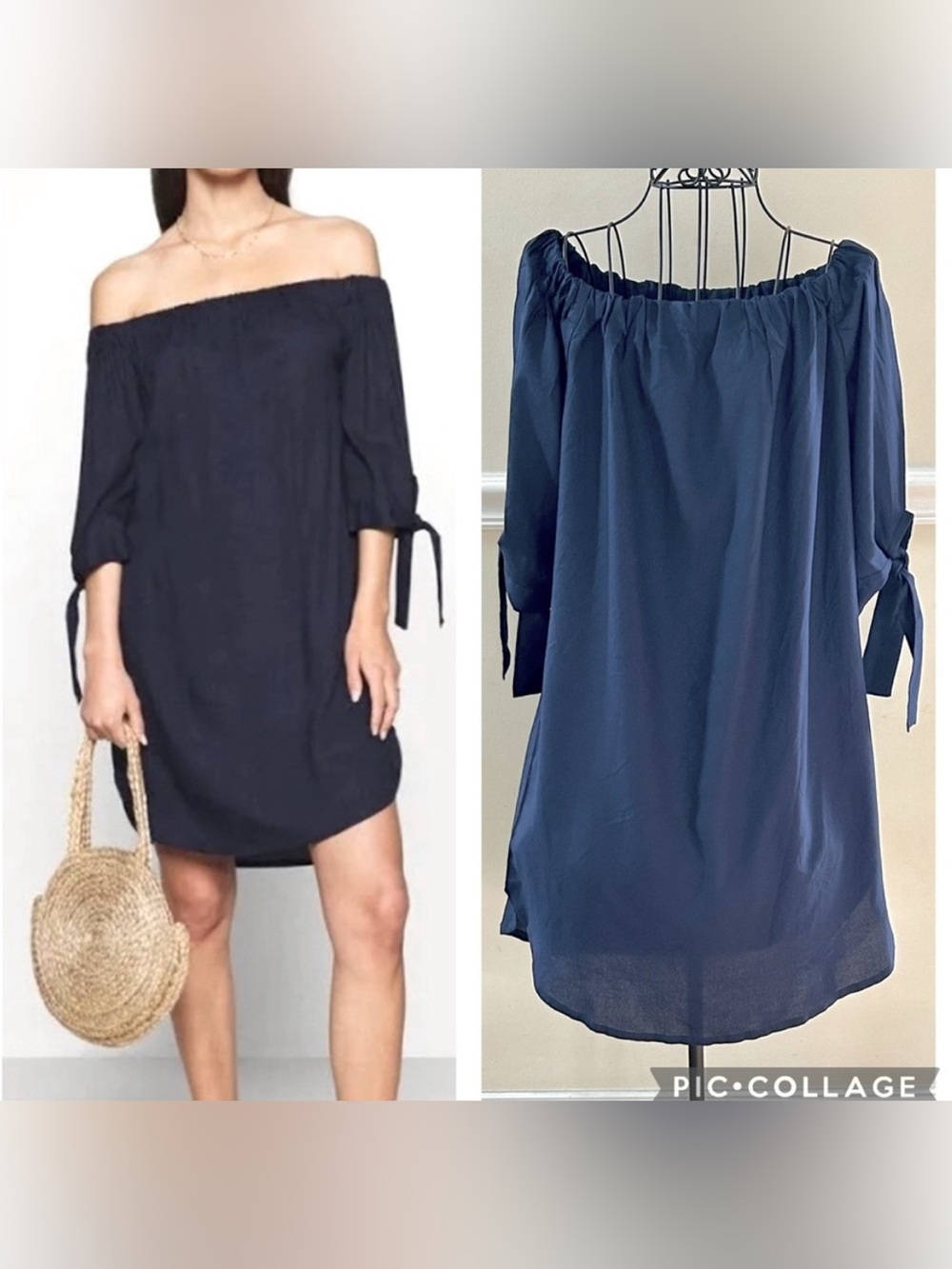 NWT Lascana Off-Shoulder Tie Sleeve Navy Blue Dress